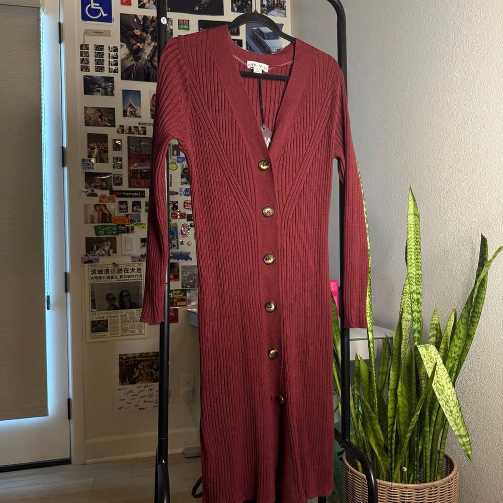 Ava & Viv Burgundy Rib Knit V-Neck Button-Front Midi Sweater Dress XXL